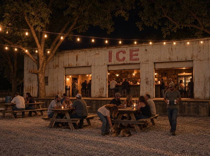 The icehouse at night under string lights in the pecan trees, the three open doors glowing, people at picnic tables, a man carrying two cans from the bar and a woman bending to pet a dog.