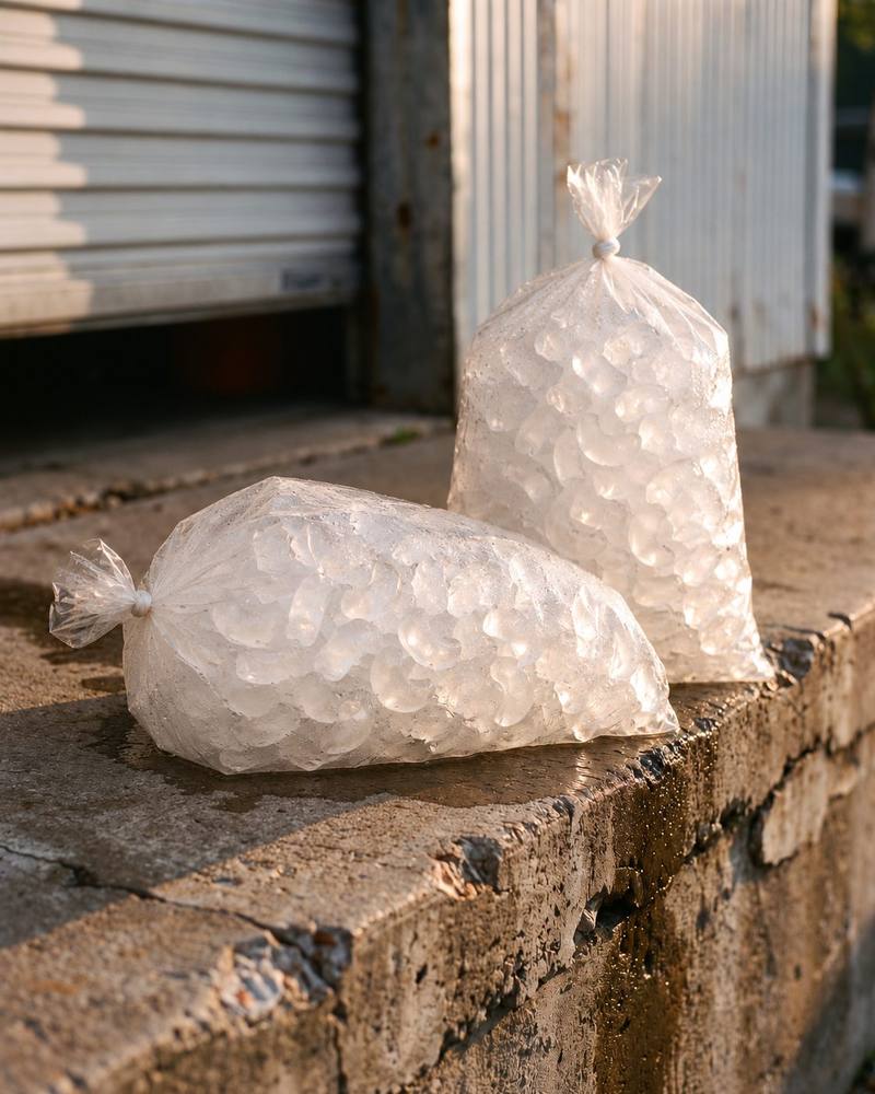 Two plain bags of ice on the edge of the concrete loading dock in late sun, one lying on its side.
