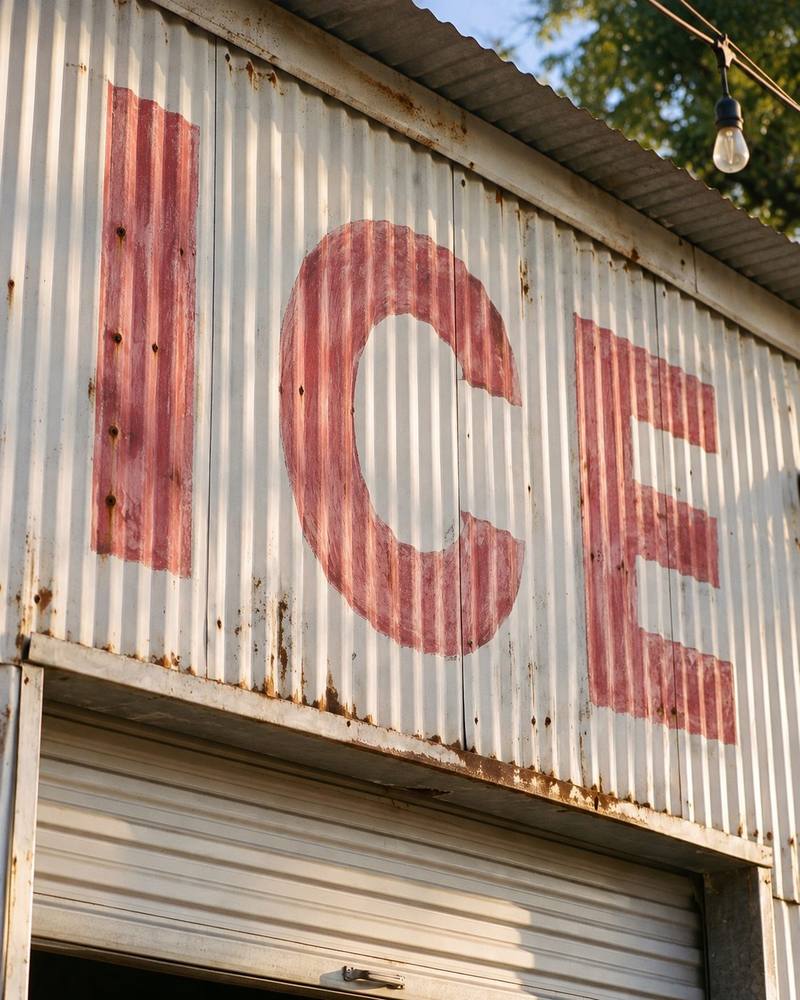 Close view of the hand-painted red letters ICE on white corrugated tin above a rolled-up door, faded and chipped.