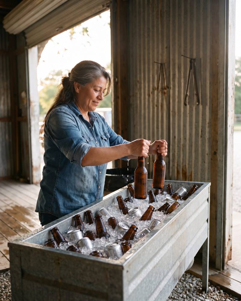Marisol, a woman in her fifties with silver-streaked hair and a denim shirt, lifting two dripping longnecks out of a galvanized trough packed with bottles and cans in crushed ice.