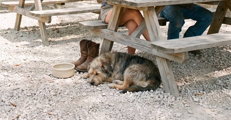 A scruffy dog asleep on the gravel under a picnic table, a water bowl and a pair of boots beside it.