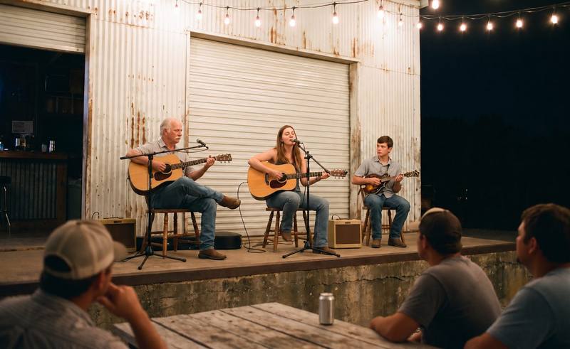 Three songwriters on stools at the edge of the concrete dock at night: an older man playing guitar, a young woman singing with a guitar, and a young man with a mandolin.