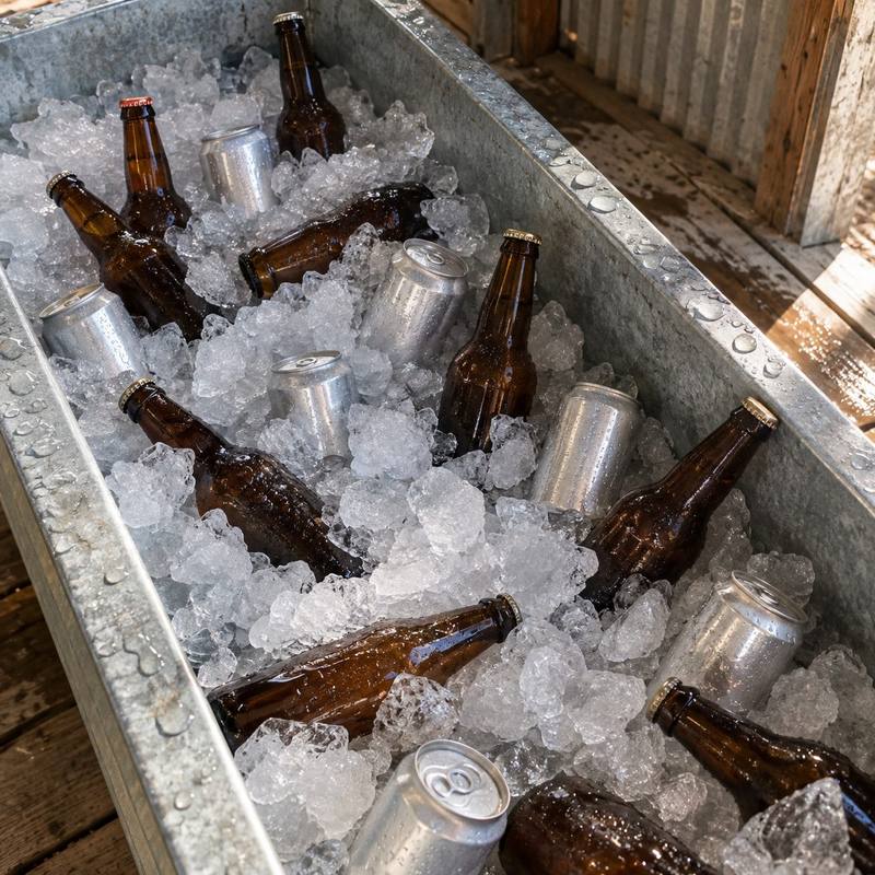 Looking down into a galvanized trough of crushed ice, bottles and cans jumbled at angles.