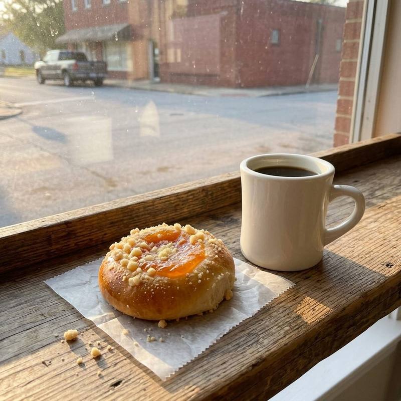 A mug of drip coffee and an apricot kolache on the window counter in early sun.