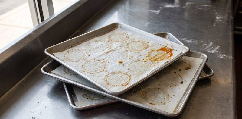 Empty sheet pans stacked on the counter at midday, grease rings left on the parchment.