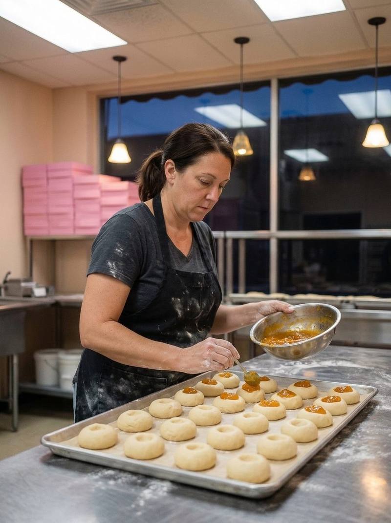 Jana spooning apricot filling into rows of small dough rounds before dawn.