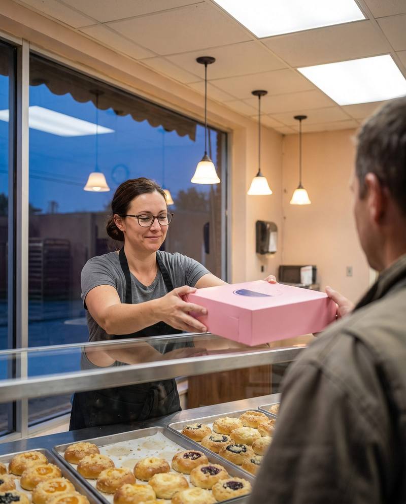 Lucie handing a pink box across the counter to a customer at opening time.