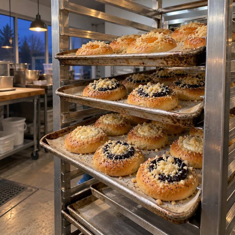 A speed rack of sheet pans of kolaches cooling before opening.