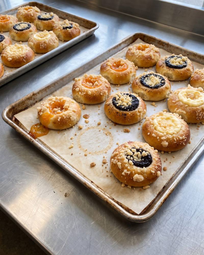 A sheet pan of apricot, poppy seed, cream cheese and prune kolaches, one missing from the front row, its grease ring left on the parchment.