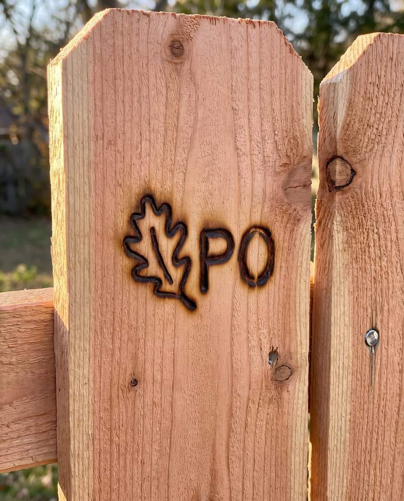 The oak leaf and the letters PO burned into the last picket of a new cedar fence.
