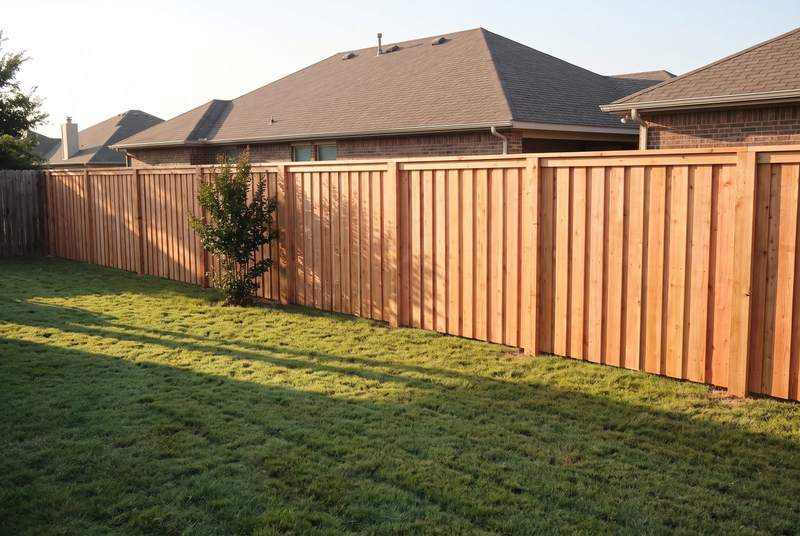 A finished cedar privacy fence along the back of a yard in late afternoon sun.