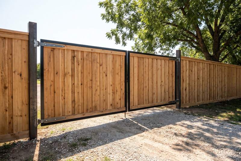 A double drive gate with cedar faces on black steel frames, closed across a gravel drive.
