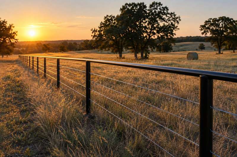 A new pipe-and-cable ranch fence with a black pipe rail and tight cables, running across a golden pasture with a hay bale.