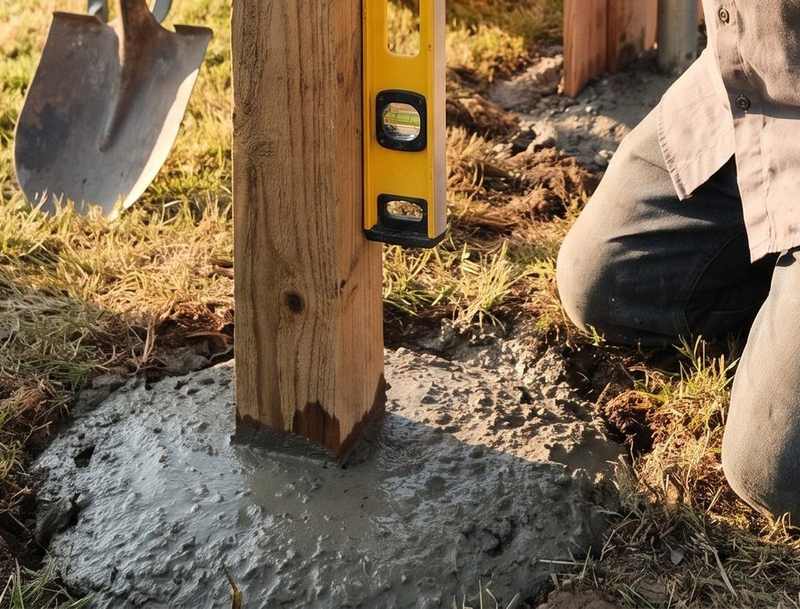 A new cedar post in fresh concrete, a level held against it.