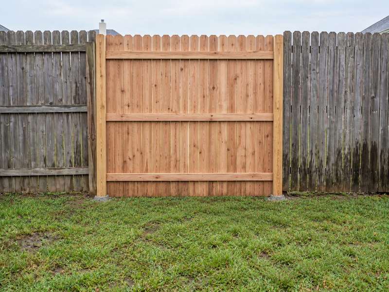 After: the same gap rebuilt with a new cedar section that matches the old fence, its posts set in concrete.