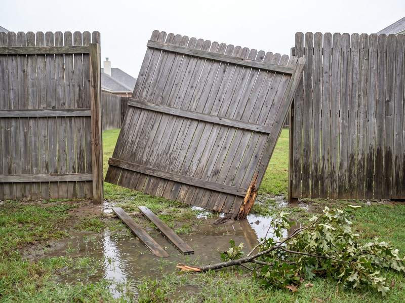 Before: a grey fence section knocked loose by a storm, its post snapped, pickets in a puddle.